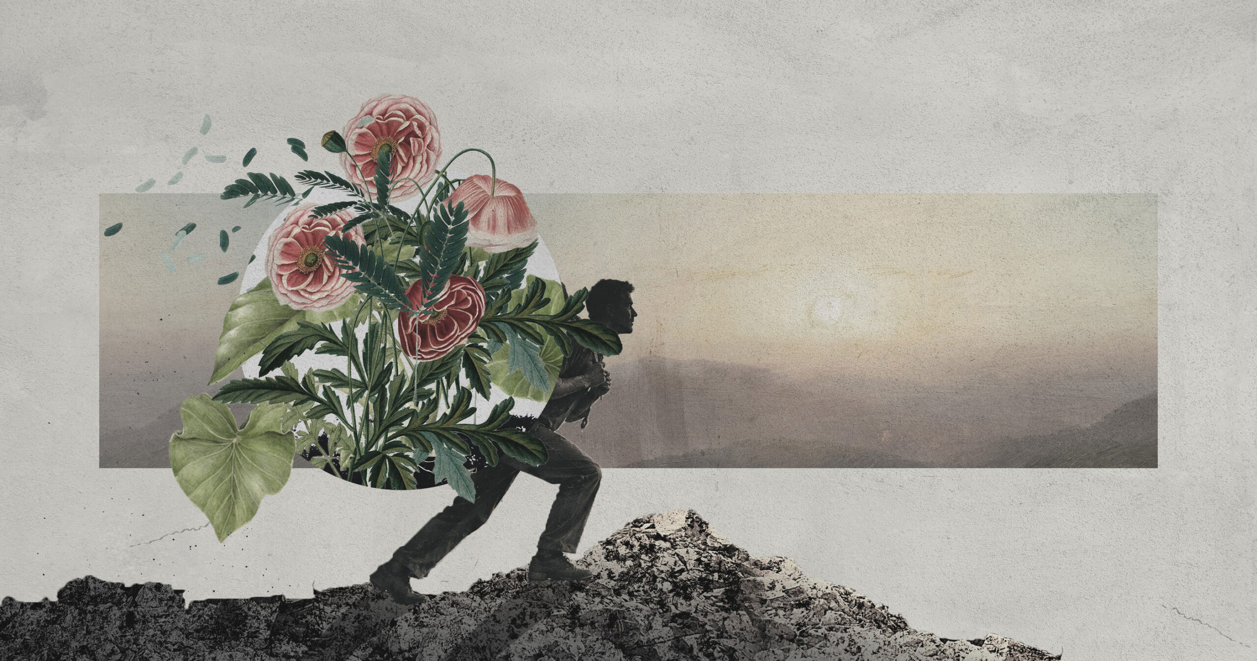 Illustrazione sulla gratitudine: uomo con fiori sulle spalle lungo un sentiero roccioso